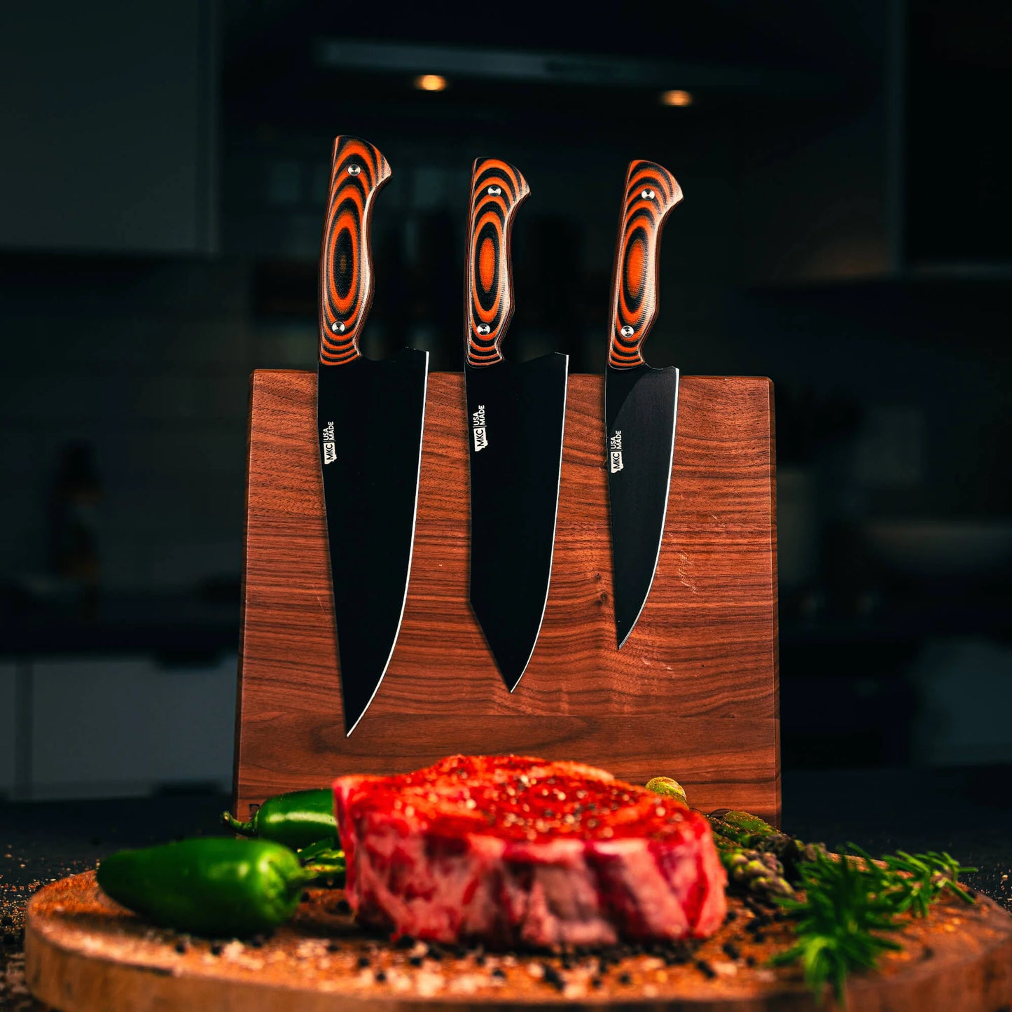 MKC CULINARY DOUBLE SIDED KNIFE STAND - DARK WOOD FINISH