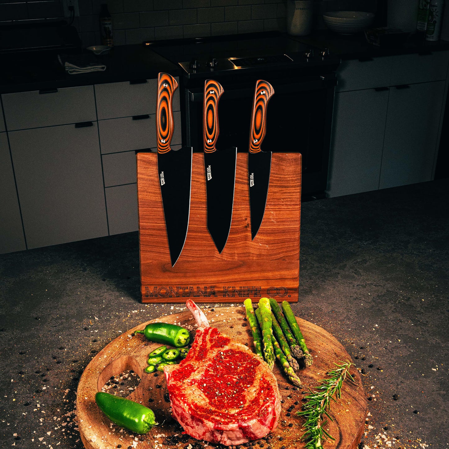 MKC CULINARY DOUBLE SIDED KNIFE STAND - DARK WOOD FINISH