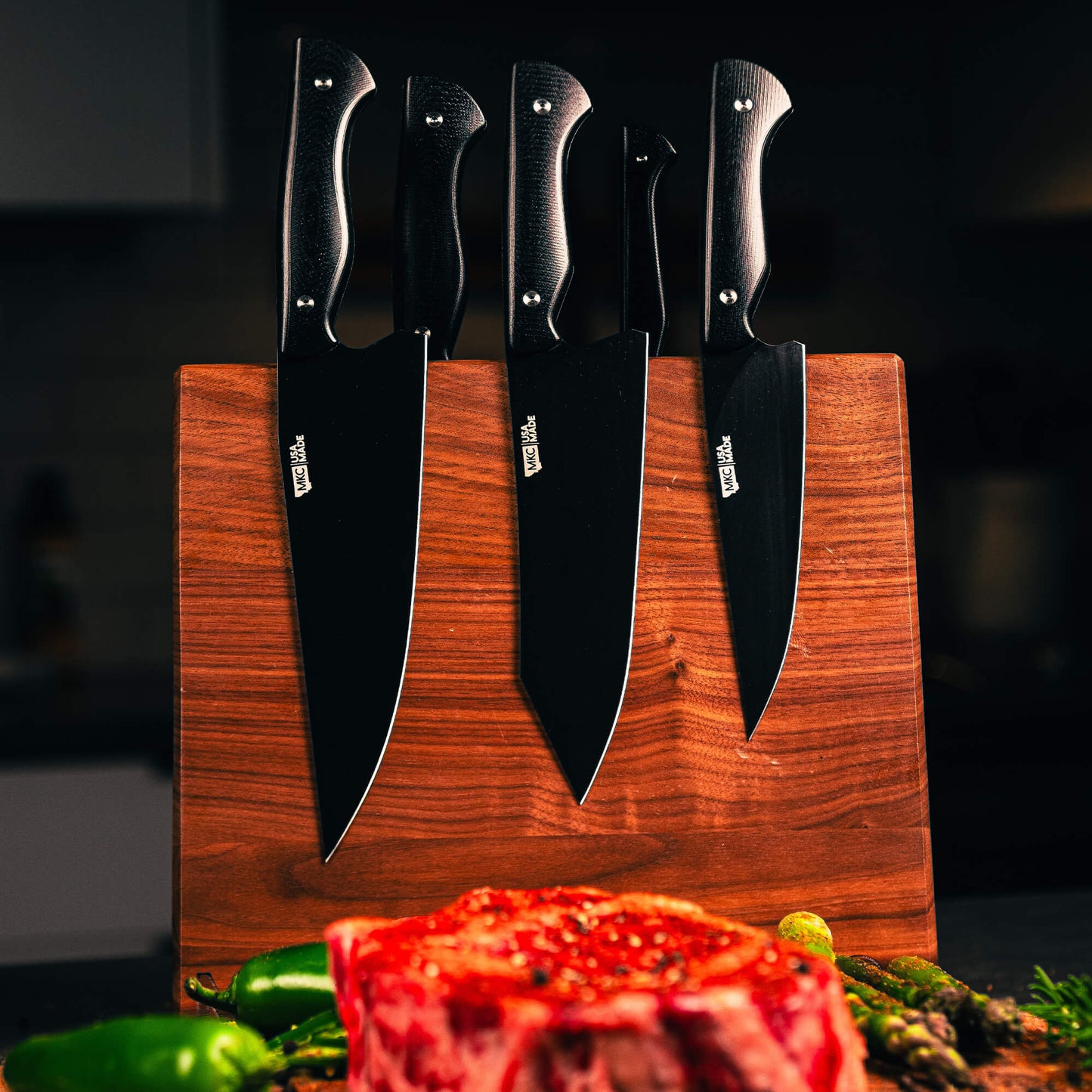 MKC CULINARY DOUBLE SIDED KNIFE STAND - DARK WOOD FINISH