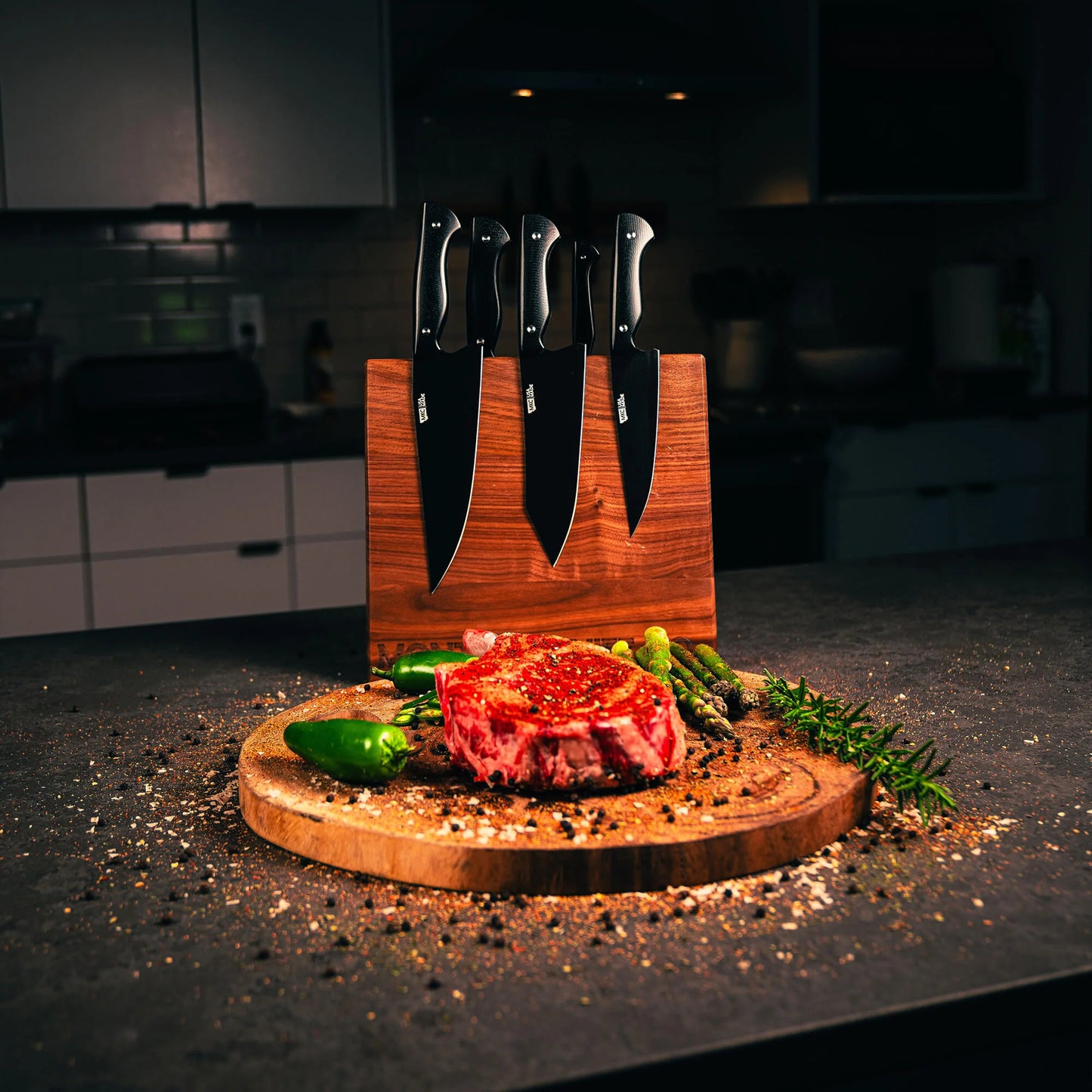 MKC CULINARY DOUBLE SIDED KNIFE STAND - DARK WOOD FINISH
