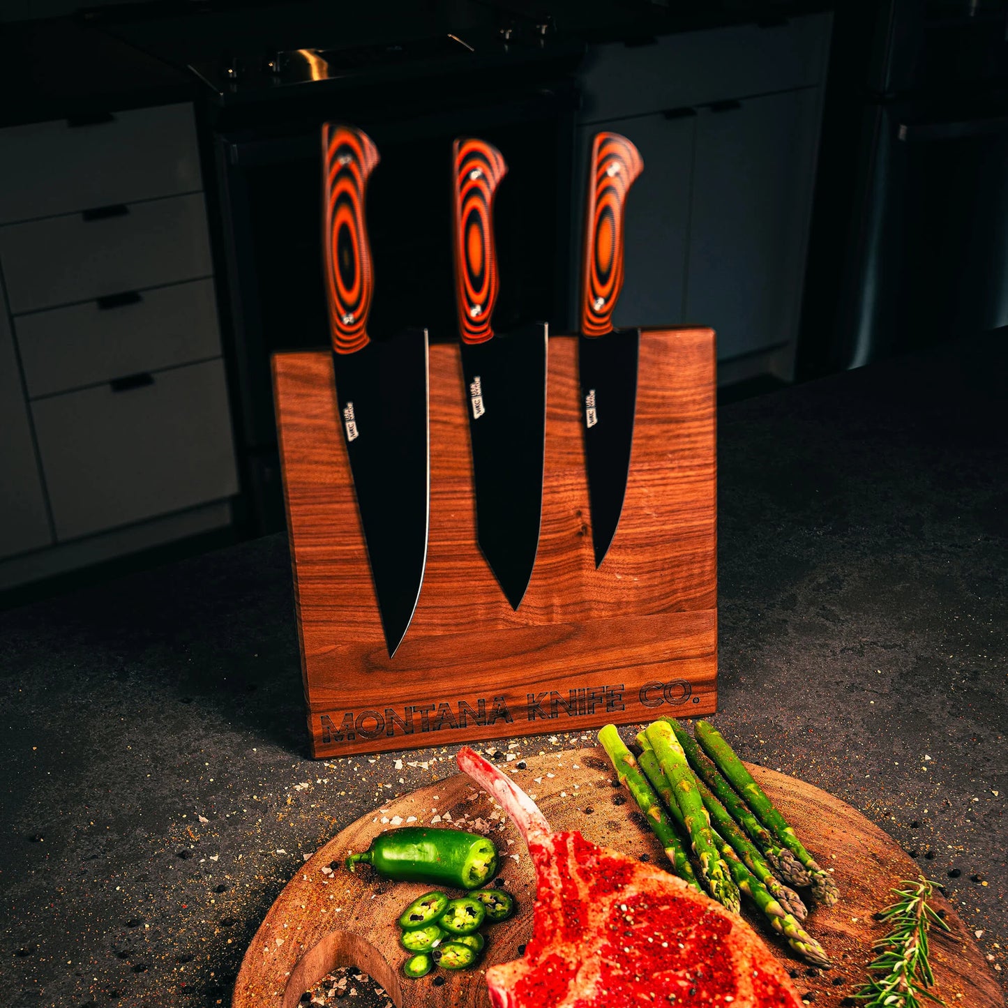 MKC CULINARY DOUBLE SIDED KNIFE STAND - DARK WOOD FINISH
