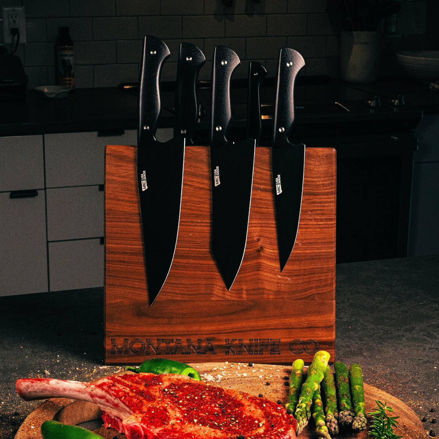 MKC CULINARY DOUBLE SIDED KNIFE STAND - DARK WOOD FINISH