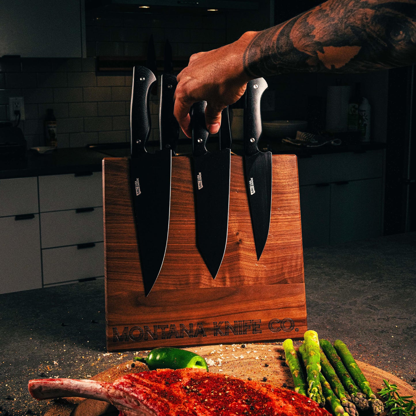 MKC CULINARY DOUBLE SIDED KNIFE STAND - DARK WOOD FINISH