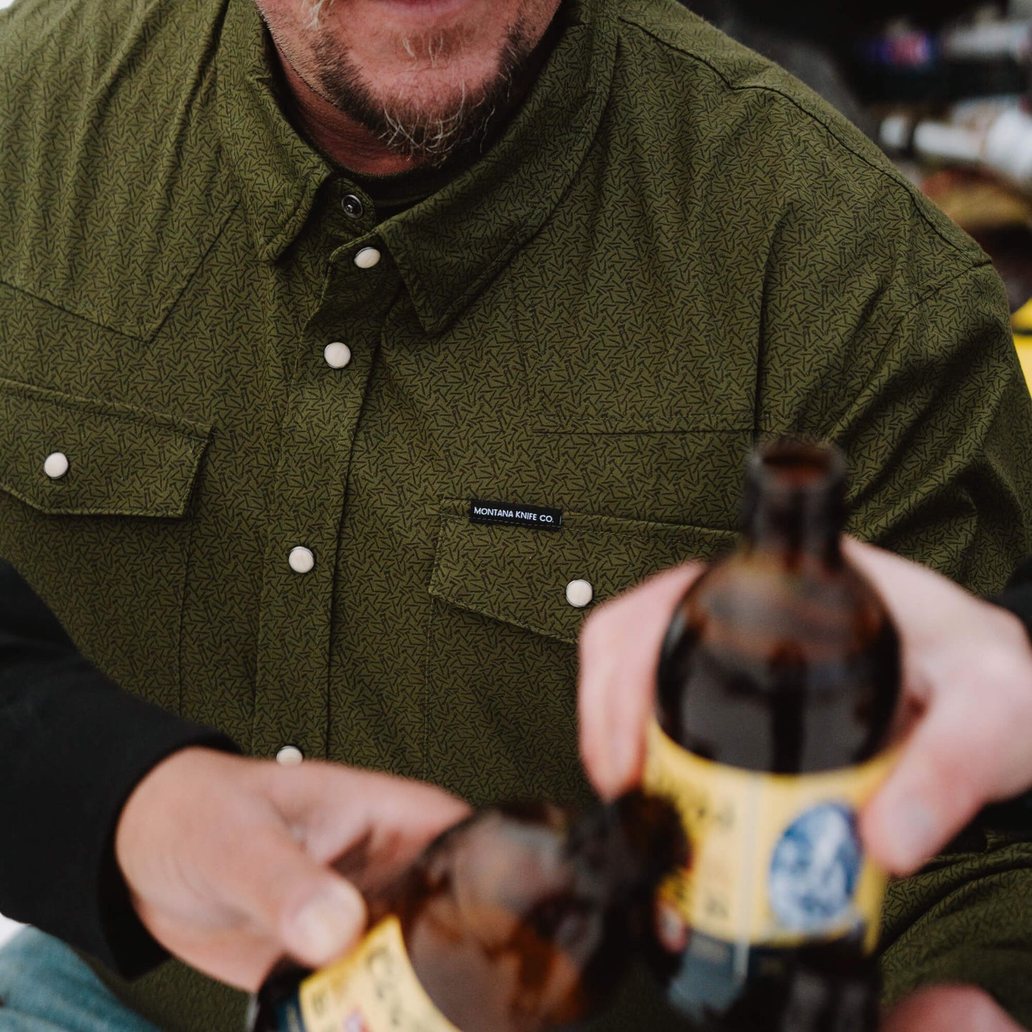 MAIN STREET PEARL SNAP LONG SLEEVE - OLIVE KNIFE PRINT