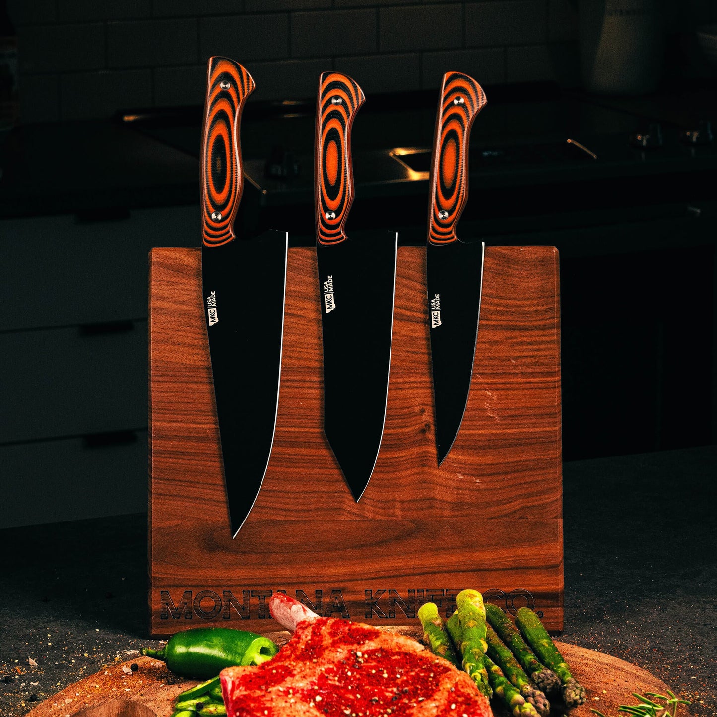MKC CULINARY DOUBLE SIDED KNIFE STAND - DARK WOOD FINISH